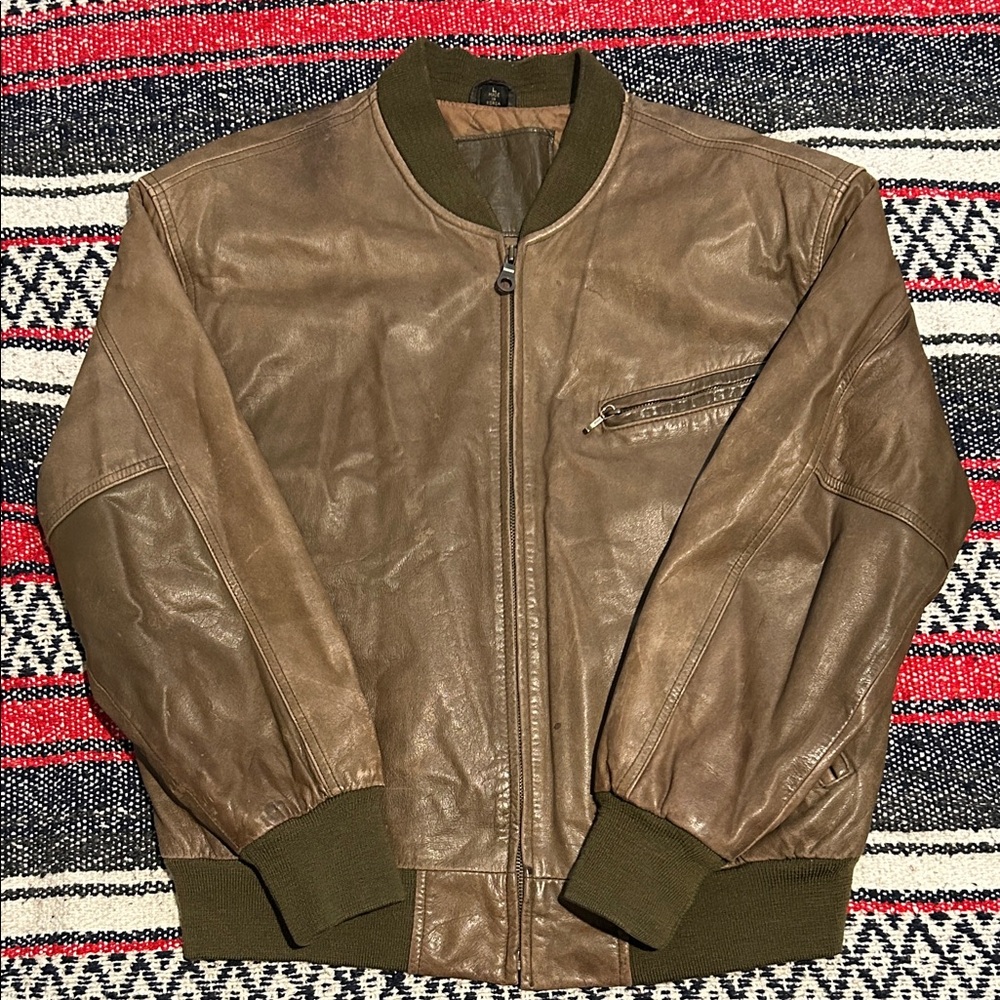 Men's Tan Leather Bomber Jacket with Green Trim